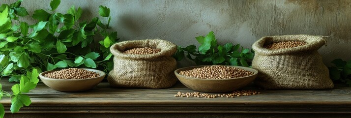 Poster - Bowls and sacks filled with colorful lentils, beans, and chickpeas rest on a rustic wooden table surrounded by fresh greenery. Generative AI