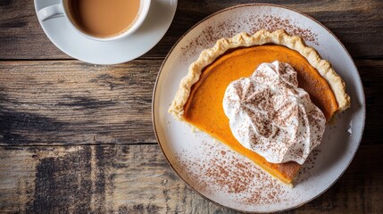 Sticker - Homemade pumpkin pie topped with cinnamon and whipped cream on a rustic wooden surface paired with a cup of coffee or tea A classic dessert for autumn celebrations