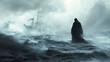 © Daniel - Mysterious Figure in Hooded Robe on Stormy Sea with Old Shipwreck