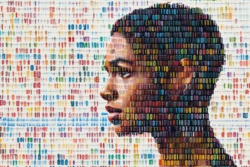 Poster - A human profile is overlaid with vibrant genetic code symbols, symbolizing the intersection of humanity and biotechnology. Generative AI