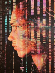 Aufkleber - A human profile is creatively overlaid with rows of genetic code, illustrating the blend of life and advanced science. Generative AI