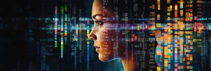 Aufkleber - A human silhouette overlays rows of genetic code, illustrating the link between genetics and identity in biotechnology. Generative AI