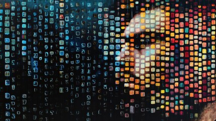 Aufkleber - Colorful genetic code symbols form a backdrop with a human silhouette, illustrating the intersection of genetics and human identity. Generative AI