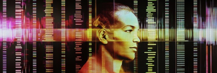 Aufkleber - A human profile is overlaid with DNA genetic code, symbolizing the interplay between genetic information and personal identity. Generative AI