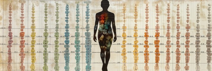 Poster - A human figure is superimposed on extensive rows of DNA symbols, illustrating the connection between genetics and identity. Generative AI