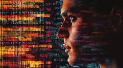 Poster - A human profile merges with vibrant rows of genetic code, illustrating the connection between humans and DNA technology. Generative AI