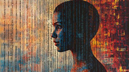 Poster - Rows of genetic code symbols layered over a human profile, illustrating the intricate relationship between DNA and identity. Generative AI