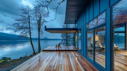 Canvas Print - Modern house overlooking a serene lake at dusk, featuring large windows and a wooden deck.