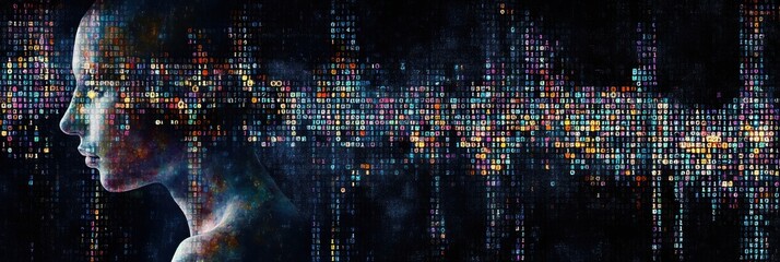 Poster - A human silhouette merges with digital DNA sequences, representing the connection between genetics and personal identity in contemporary research. Generative AI