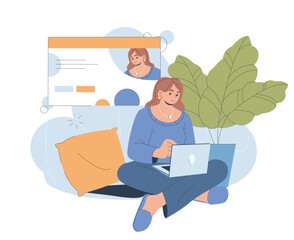 Wall Mural - woman makes website. young girl with laptop creating template for webpage. remote employee and freel