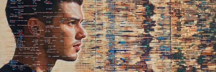 Poster - A human profile is superimposed on vibrant DNA sequences, illustrating the connection between genetics and human identity in contemporary analysis. Generative AI