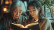 © evgenia_lo - A caregiver reads a positive affirmation to a senior woman, creating a serene atmosphere with warm lighting