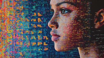 Poster - A human silhouette overlays colorful genetic code patterns, symbolizing the connection between biology and identity. Generative AI