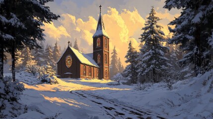 Poster - Snow-covered Church in a Winter Forest at Sunset