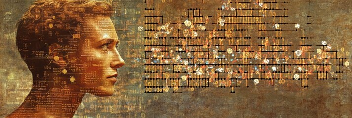 Poster - A human silhouette is blended with sequences of genetic code, illustrating the connection between genetics and human identity. Generative AI