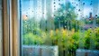 © VisualVault - A close-up view of a windowpane covered in condensation, the droplets reflecting the blurry green and blue hues of the outside world.