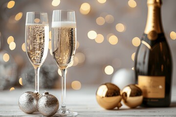 Wall Mural - Celebration with Champagne Glasses and Bottle on White Wooden Table for New Year and Christmas Eve Festive Concept