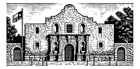 Wall Mural - alamo engraving black and white outline