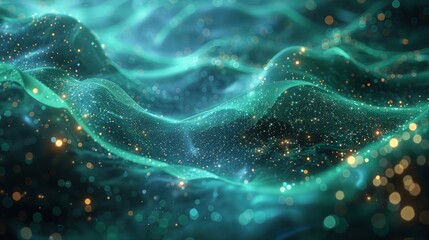 Poster - Abstract Green and Blue Technology Waves with Glowing Particles