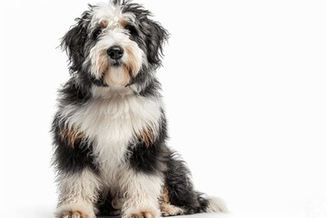 Old English Sheepdog Sitting White Background Adorable Large Long-Haired Purebred Animal