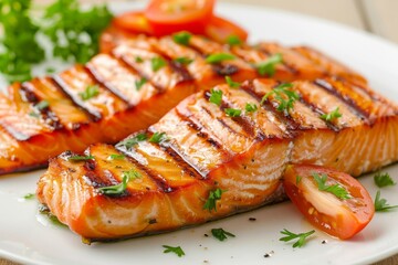 Wall Mural - Grilled salmon with garnish presented on plate