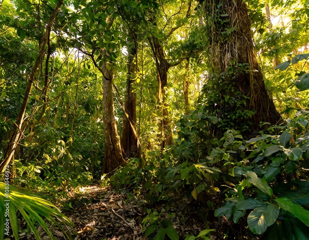 Lush Tropical Jungle With Thick Green Foliage and Towering Canopy Trees ...