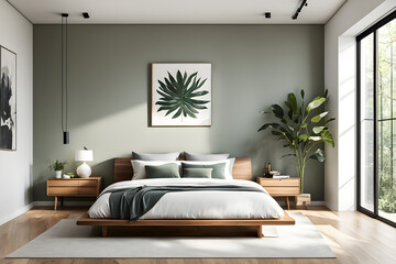 Wall Mural - modern living room with fireplace, interior of a bedroom with a bed