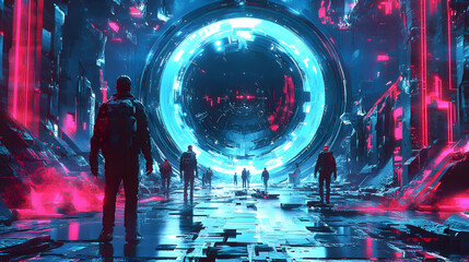 Wall Mural - Cyberpunk Cityscape: Figures Approach Glowing Portal in Futuristic Digital Art