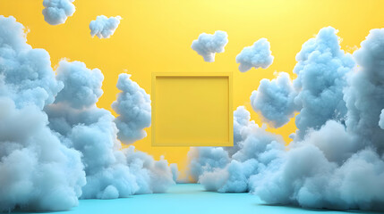 Wall Mural - Yellow Frame in a Sea of Fluffy Clouds 3D Illustration