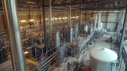 Poster - A high angle view of a large industrial facility with stainless steel pipes and tanks.