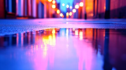 Sticker - City lights reflected in a puddle after a light rain.