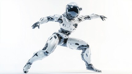 Fototapete - A futuristic humanoid robot in a dynamic pose, suggesting agility and advanced technology.