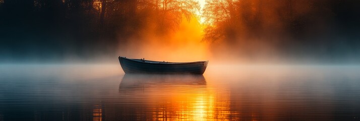 Wall Mural - A lone boat sits on a misty lake at sunset.  Warm, orange hues illuminate the water.