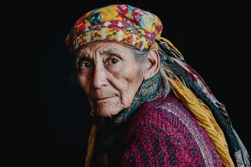 An elderly Native American wearing a feather headdress and looking wise