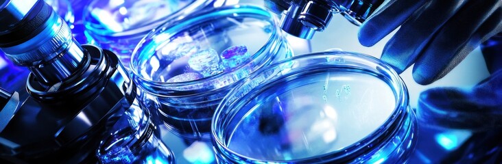 Aufkleber - Close-up of laboratory equipment with petri dishes and blue lighting.
