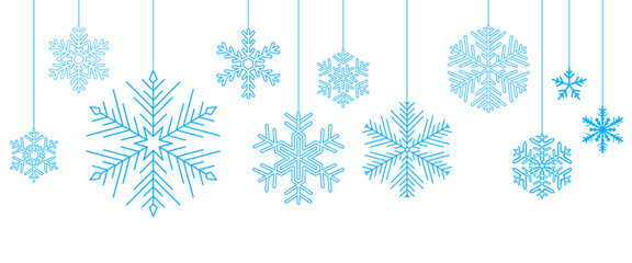 Canvas Print - Vector illustration of hanging blue outlined snowflakes on a white background, perfect for festive and winter designs.