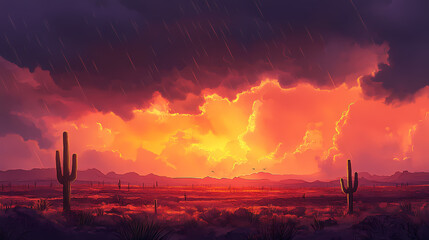 Wall Mural - Sunset with monsoon storm clouds in the arizona desert depth of field. Monsoon. Illustration