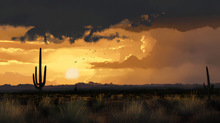 Wall Mural - Sunset with monsoon storm clouds in the arizona desert depth of field. Monsoon. Illustration
