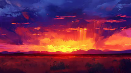 Wall Mural - Sunset with monsoon storm clouds in the arizona desert depth of field. Monsoon. Illustration