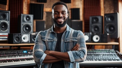 Poster - A smiling man stands confidently in a music studio filled with audio equipment.