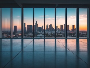 Poster - Sunset view of a city skyline through large glass windows in a modern interior space.