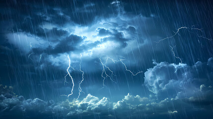 Wall Mural - Clouds pouring rain, lightning flashing in the sky, a sign of heavy rain and the rainy season. Monsoon. Illustration