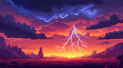 Wall Mural - Desert monsoon. thunderstorm with lightning in dramatic storm clouds at sunset. Monsoon. Illustration