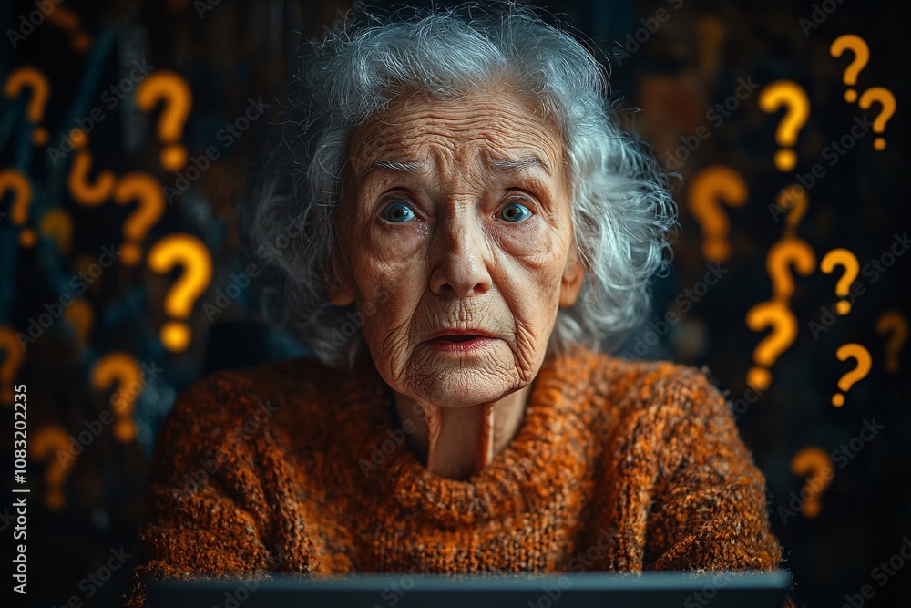 Difficulty In Using Computer Confused elderly woman using laptop computer at home. Mature old lady ...