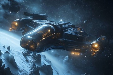 Wall Mural - a futuristic spaceship hovers above a rocky celestial body in a dark space environment.