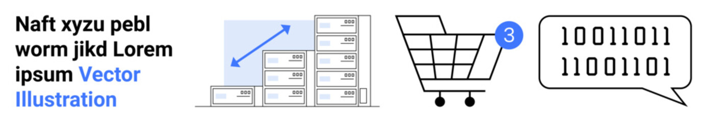 Stack of boxes with upward arrow, shopping cart with notification, binary code speech bubble, placeholder text. Ideal for e-commerce, data analytics, logistics, online shopping, technology trends