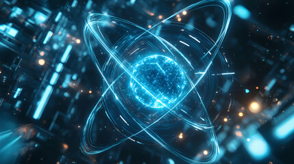 illustration depicting an atom its electrons aglow with neon blue highlighting the quantum leap in t