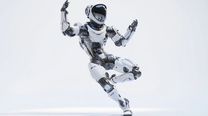 Fototapete - A futuristic robot in a dynamic dance pose against a minimalist background.