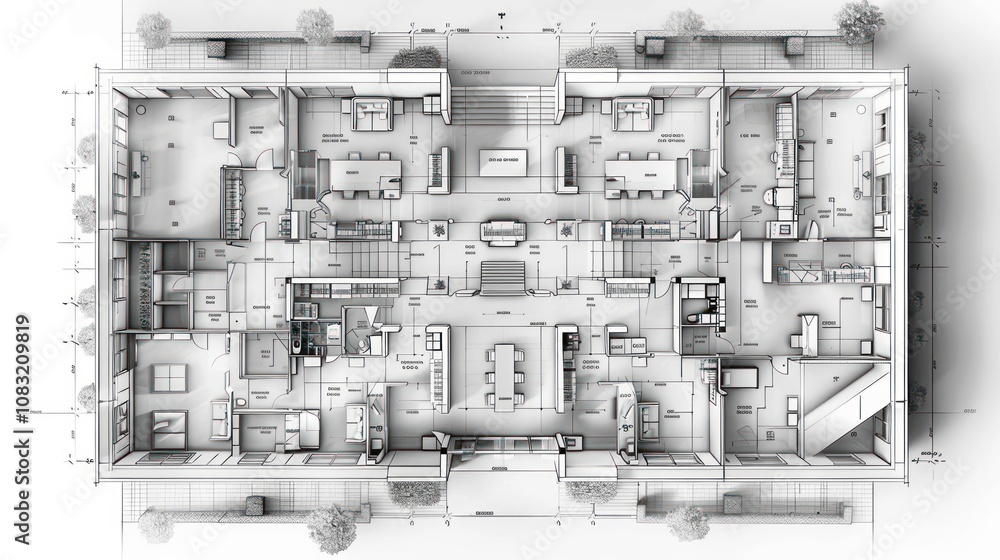 A top-down view of a blueprint for a building. The blueprint shows the ...