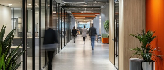 employees in motion blur walking through modern office hallway contemporary workspace dynamic enviro
